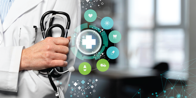Image of the arms of a doctor holding a stethoscope with icons around it.